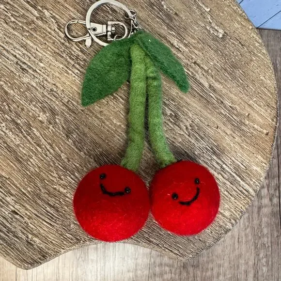 Red Cherries Cherry Bag Charm Fun Felted Wool Purse Charm NEW Accessories NEW! - Picture 5 of 6